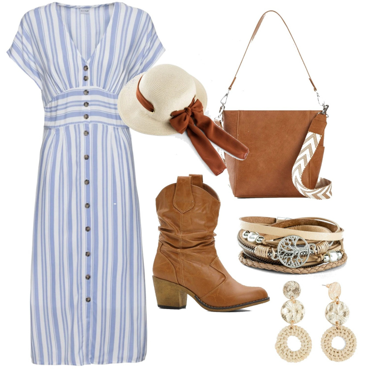 Outfit donna - Spensieratezza. Stile Casual per Tutti i giorni. Abbinamento con braccialetti, stivaletti texani, orecchini, vestiti, cappelli, borse a tracolla.