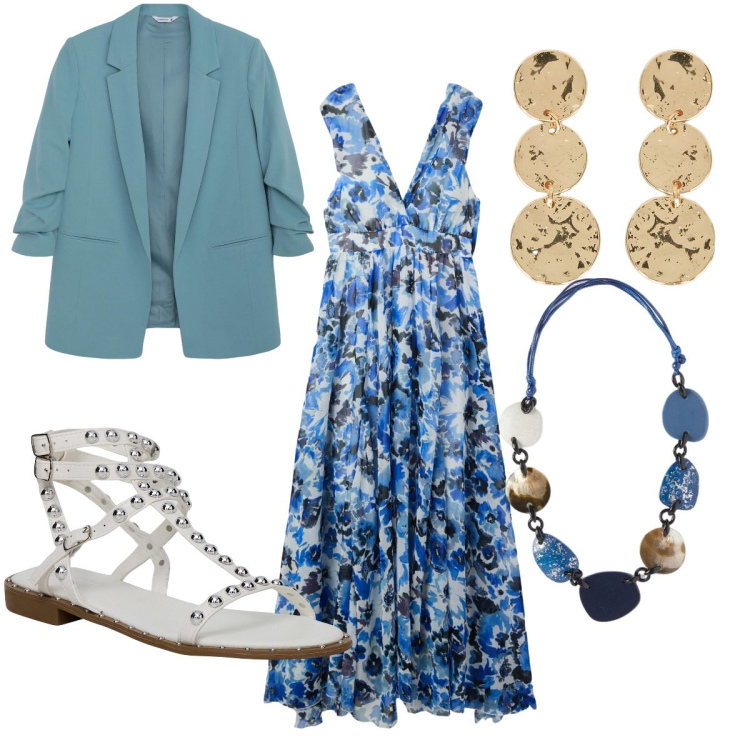 Outfit donna - Aspettando l ‘ estate. Stile Romantica per Tutti i giorni. Abbinamento con vestiti lunghi, blazer, sandali, collane, orecchini.