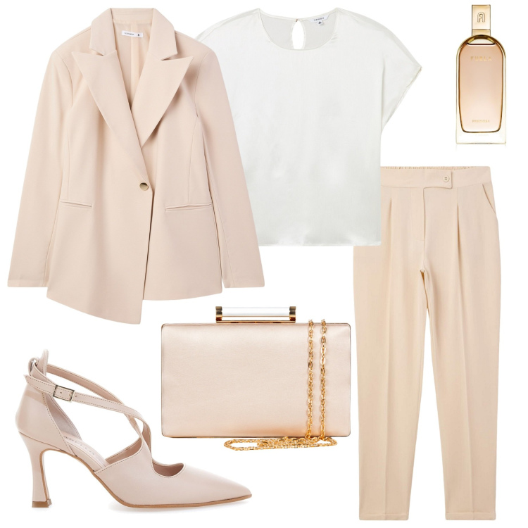 Outfit donna - Tailleur sartoriali. Stile Chic per Cerimonia. Abbinamento con profumi, blazer, pantaloni chino, bluse, clutch, décolleté.