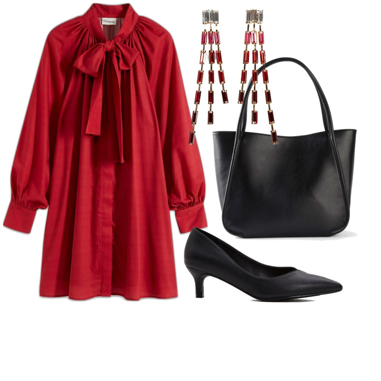 Outfit donna - Abito primaverile. Stile Casual chic per Serata fuori. Abbinamento con décolleté, orecchini, shopping bag, vestiti.