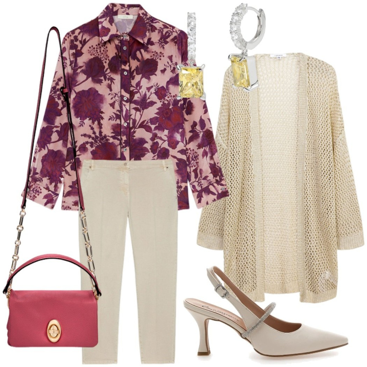 Outfit donna - Happy hour con le amiche. Stile Chic per Serata fuori. Abbinamento con kimono, orecchini, décolleté, pantaloni chino, camicie, borse a tracolla.