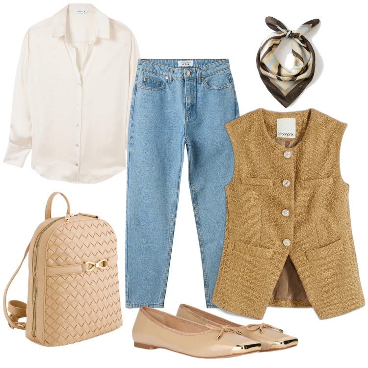Outfit donna - Le ballerine con la punta dorata. Stile Casual chic per Ufficio. Abbinamento con gilet, foulard, jeans mom, camicie, ballerine, zaini.