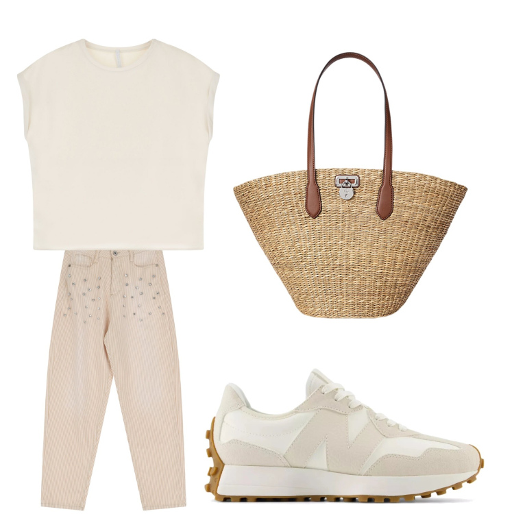 Outfit donna - Aperitivo. Stile Trendy per Tutti i giorni. Abbinamento con sneakers, pantaloni, t-shirt, borse tote.