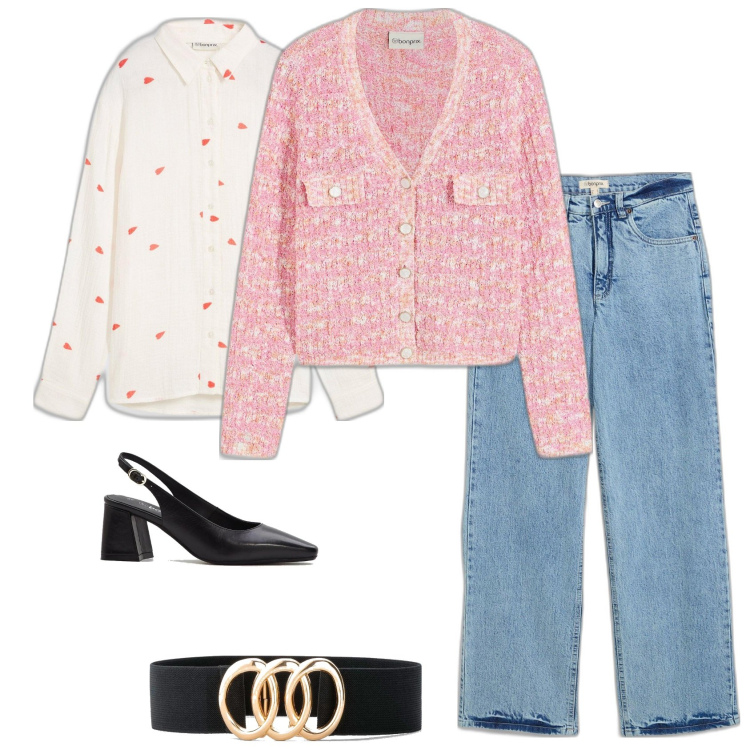 Outfit donna - Tendenza di Bonprix. Stile Bon Ton per Tutti i giorni. Abbinamento con cardigans, camicie, cinture, jeans, décolleté.