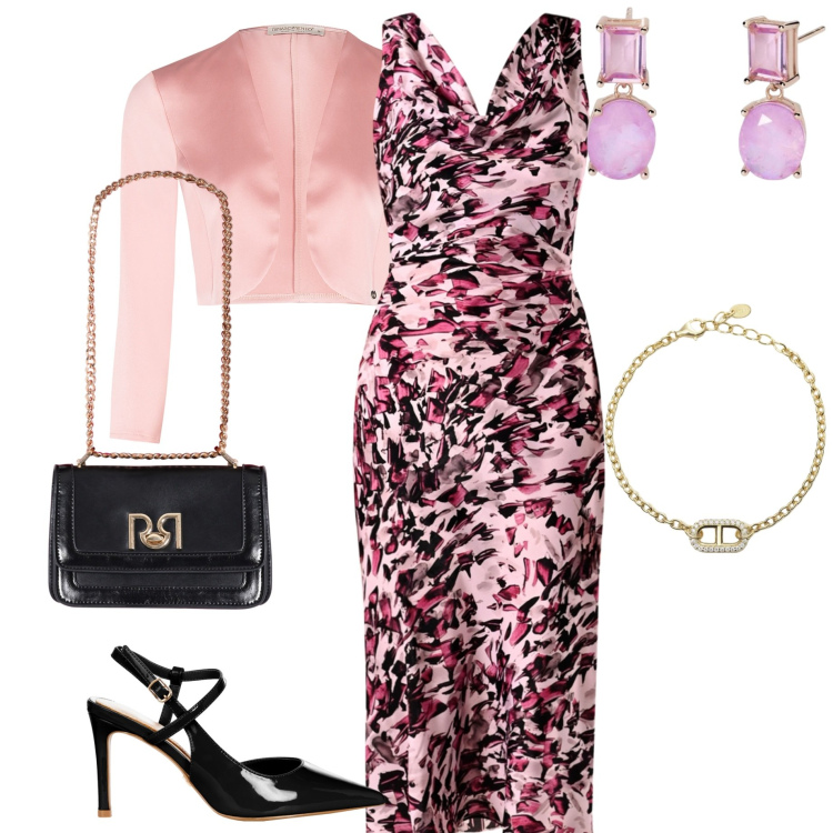 Outfit donna - Stampe floreali. Stile Chic per Serata fuori. Abbinamento con vestiti a tubino, décolleté, borse a tracolla, bolero, braccialetti, orecchini.