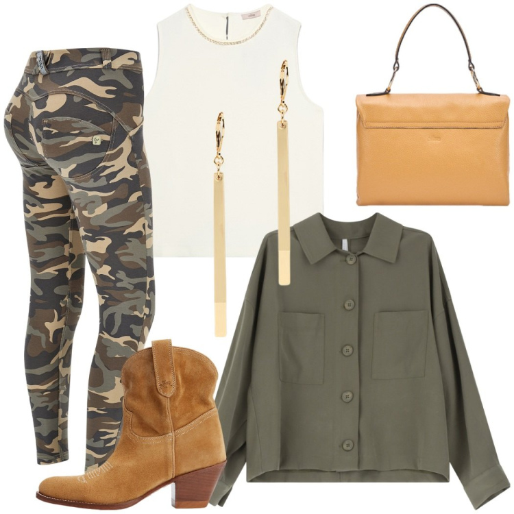 Outfit donna - Urban escape. Stile Casual chic per Tutti i giorni. Abbinamento con camicie, pantaloni skinny, stivaletti, orecchini, borse a cartella, top.