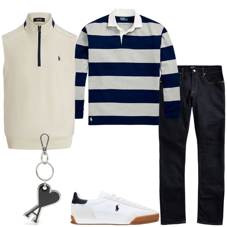 Outfit uomo - Ti passo a prendere. Stile Casual per Tutti i giorni. Abbinamento con jeans, maglieria, sneakers, gilet, portachiavi.