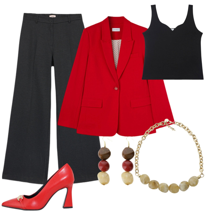 Outfit donna - Rosso di sera. Stile Casual chic per Serata fuori. Abbinamento con canottiere, décolleté, orecchini, collane, pantaloni, blazer.