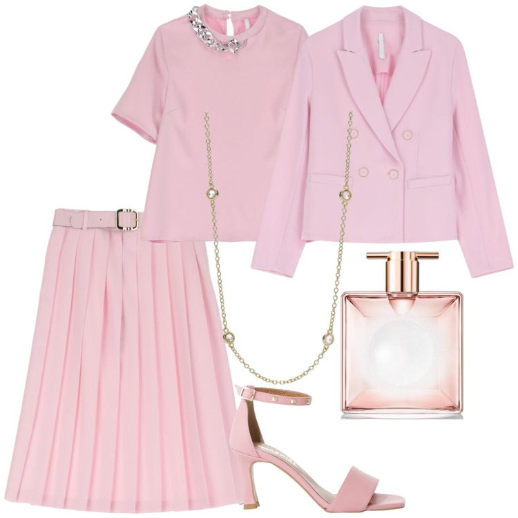 Outfit donna - Rosa pastello. Stile Romantica per Cerimonia. Abbinamento con profumi, collane, t-shirt, gonne longuette, blazer, sandali col tacco.