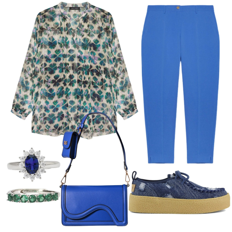 Outfit donna - Blusa romantica. Stile Casual per Tutti i giorni. Abbinamento con anelli, anelli, pochette, mocassini, bluse, pantaloni chino.