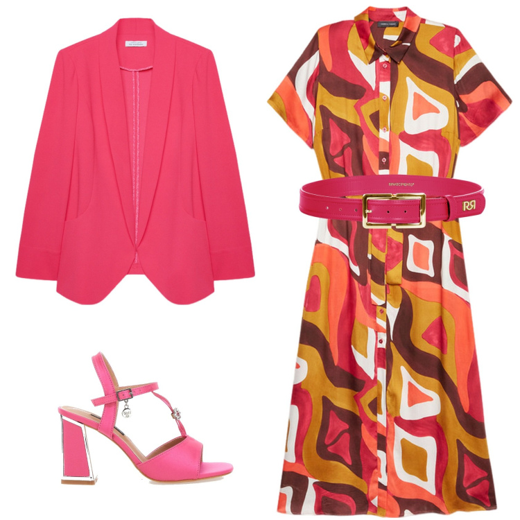 Outfit donna - La giacca con l\'abito fantasia. Stile 70s per Tutti i giorni. Abbinamento con cinture, vestiti lunghi, blazer, sandali col tacco.