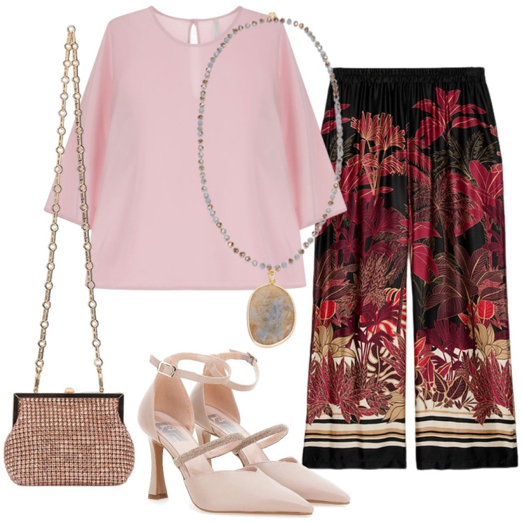 Outfit donna - Serata evento. Stile Glamour per Serata fuori. Abbinamento con bluse, décolleté, pantaloni, clutch, ciondoli.