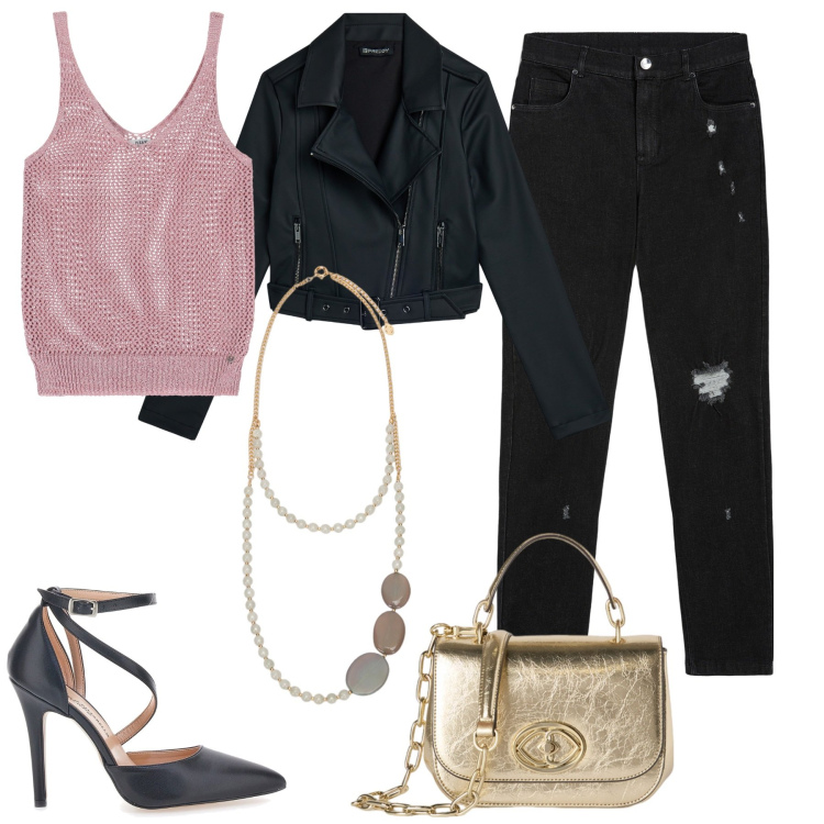 Outfit donna - Perle in stile rock. Stile Rock per Serata fuori. Abbinamento con canottiere, jeans skinny, giacche, décolleté, collane, borse a tracolla.