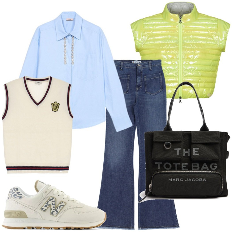 Outfit donna - Lezione all\' università. Stile Preppy per Scuola/Università. Abbinamento con sneakers, jeans, gilet, blazer, borse tote, camicie.