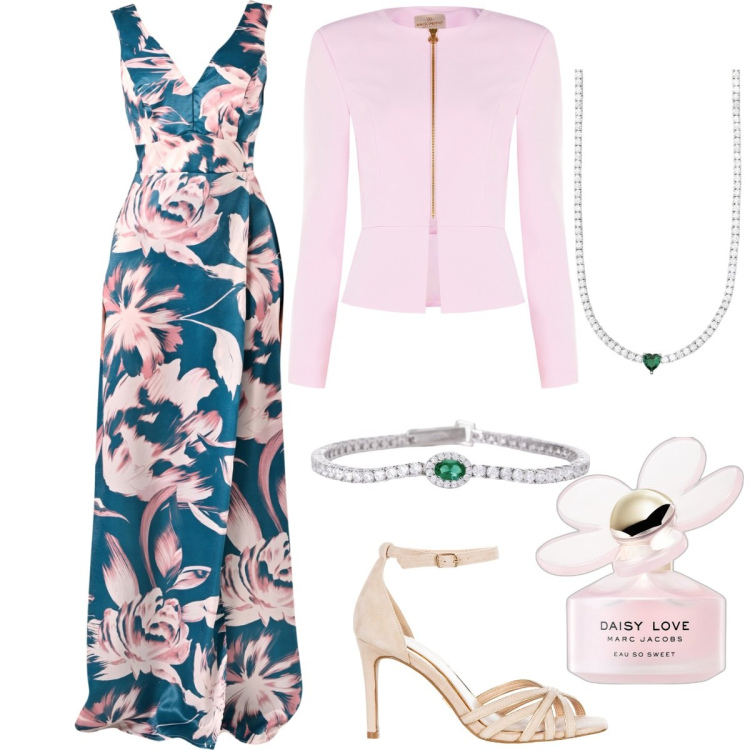 Outfit donna - Stampe floreali. Stile Chic per Cerimonia. Abbinamento con profumi, collane, braccialetti, blazer, vestiti lunghi, sandali col tacco.