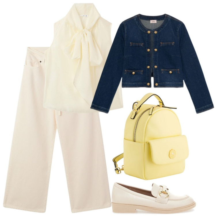 Outfit donna - Giallo burro e jeans. Stile Casual chic per Tutti i giorni. Abbinamento con bluse, pantaloni, mocassini, zaini, blazer.