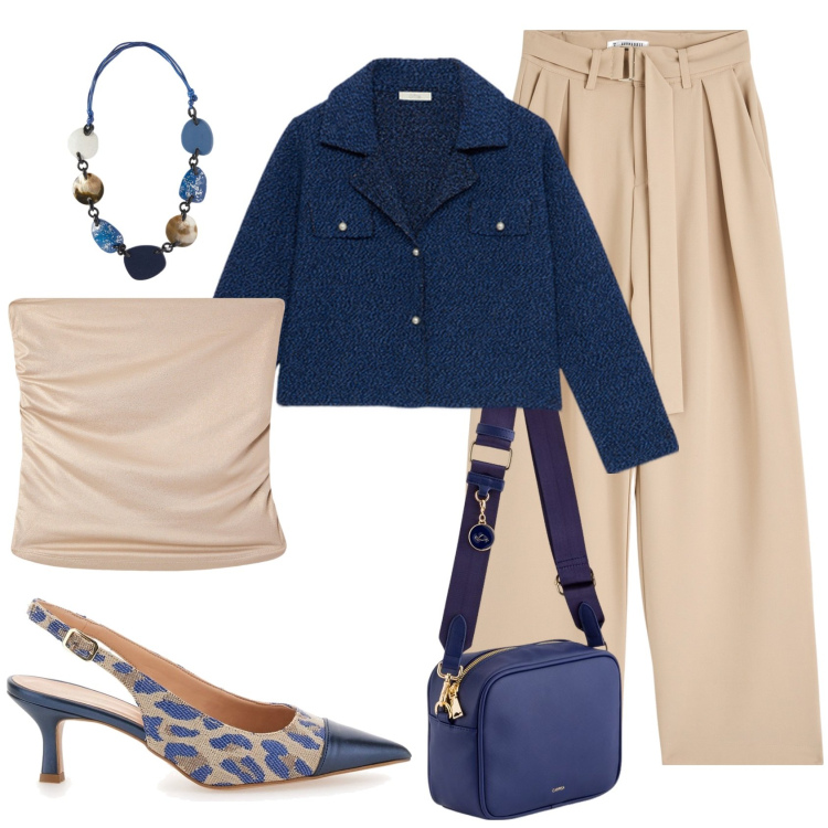 Outfit donna - Decolletè navy animalier. Stile Casual chic per Tutti i giorni. Abbinamento con pantaloni, top, décolleté, borse a tracolla, collane, blazer.