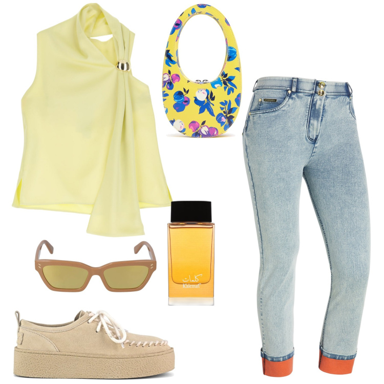 Outfit donna - Il colore del sole. Stile Casual per Tutti i giorni. Abbinamento con profumi, top, jeans dritti, mocassini, occhiali da sole, borse a mano.