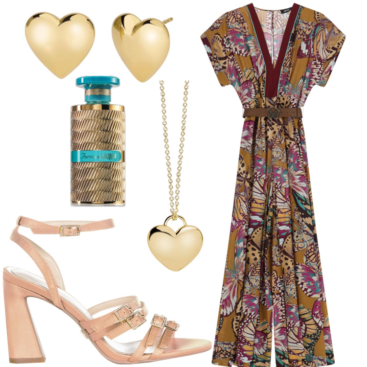 Outfit donna - Femminilità Chic. Stile Romantica per Cerimonia. Abbinamento con profumi, orecchini, collane, sandali col tacco, tute.