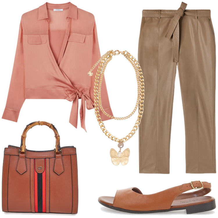 Outfit donna - Pronta per il lavoro. Stile Casual chic per Tutti i giorni. Abbinamento con borse a tracolla, sandali col tacco, pantaloni, collane, camicie.