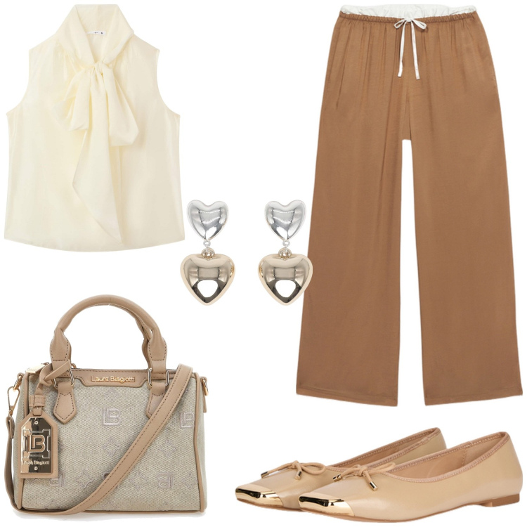 Outfit donna - Comfy chic. Stile Casual chic per Tutti i giorni. Abbinamento con bluse, orecchini, borse a tracolla, ballerine, pantaloni a palazzo.