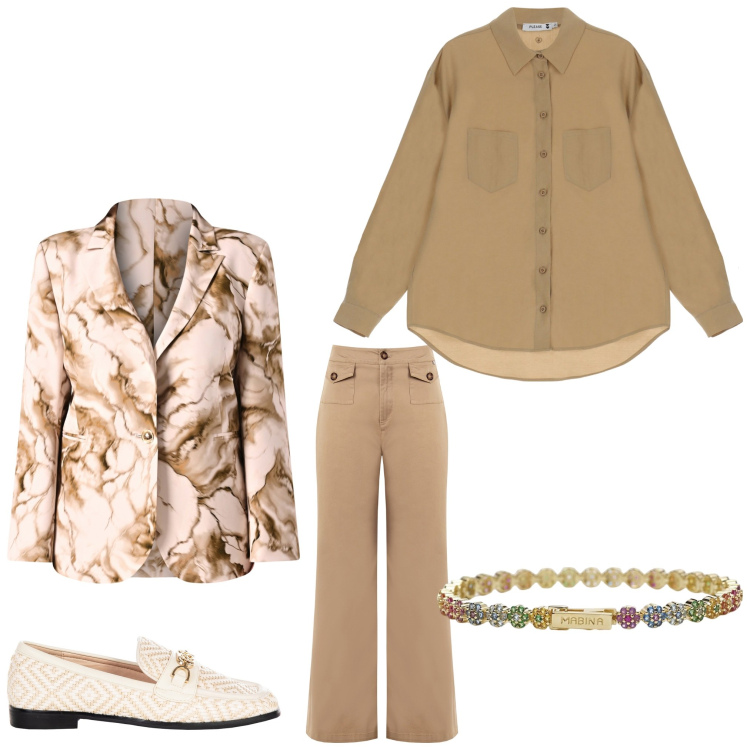 Outfit donna - Floreale. Stile Casual chic per Ufficio. Abbinamento con braccialetti, mocassini, pantaloni, blazer, camicie.