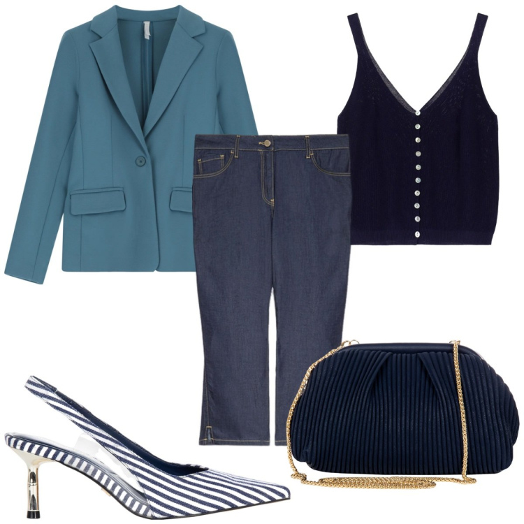 Outfit donna - Elegante e trendy in blu. Stile Trendy per Tutti i giorni. Abbinamento con pochette, décolleté, blazer, top, jeans dritti.