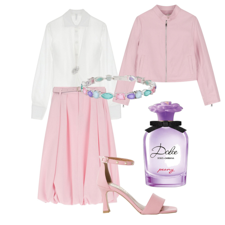 Outfit donna - Total look #2097484. Stile Bon Ton per Tutti i giorni. Abbinamento con profumi, braccialetti, camicie, sandali col tacco, gonne longuette, giacche.