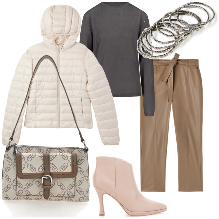 Outfit donna - Total look. Stile Urban per Tutti i giorni. Abbinamento con braccialetti, piumini, stivaletti, pullovers, pantaloni, borse a spalla.