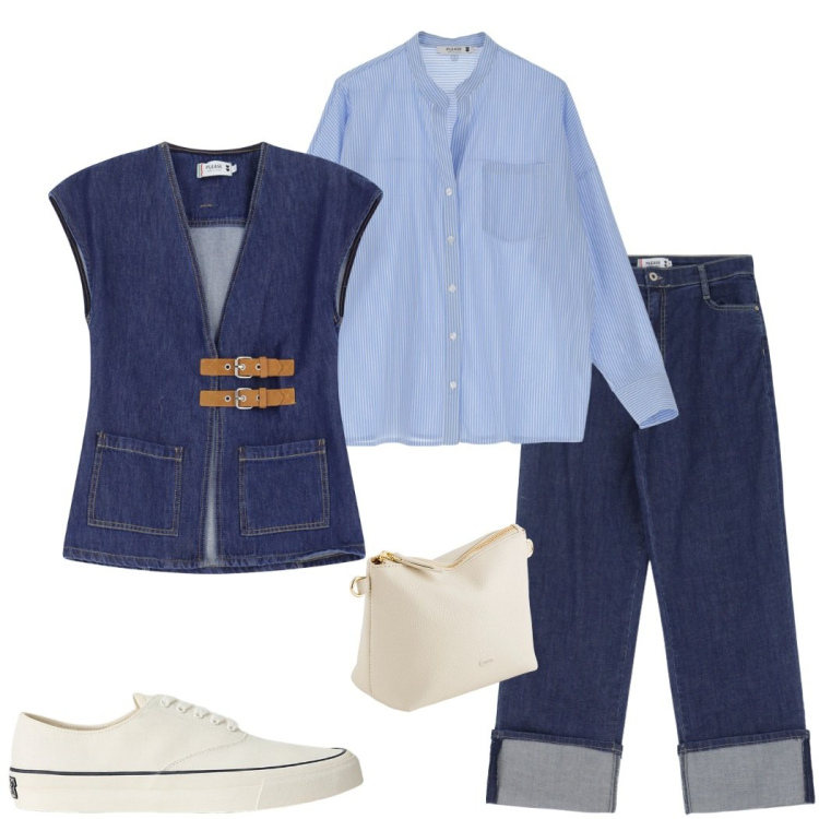 Outfit donna - Bantoa mid season sale. Stile Casual chic per Ufficio. Abbinamento con camicie, gilet, jeans, sneakers, portafogli.
