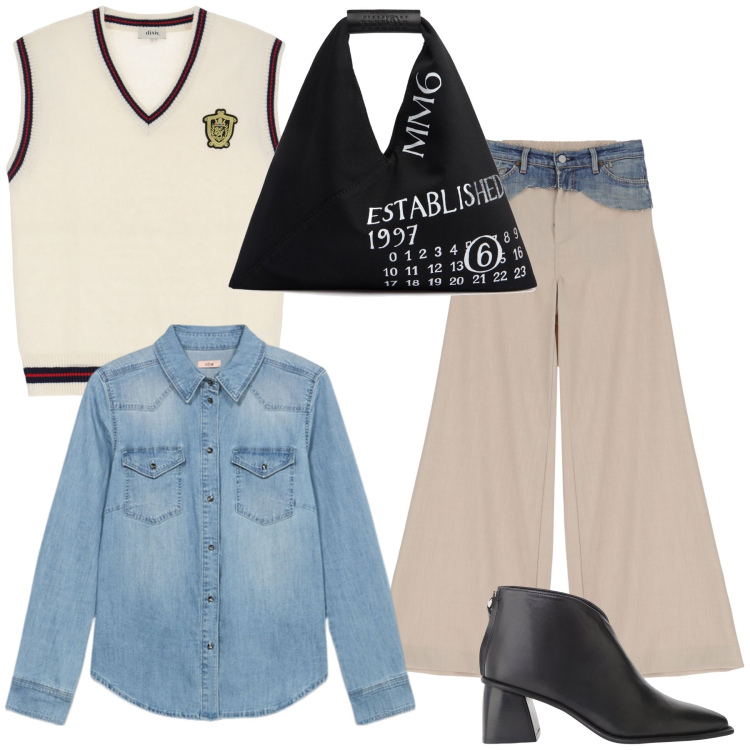 Outfit donna - Al bar per colazione. Stile Casual chic per Tutti i giorni. Abbinamento con gilet, pantaloni, stivaletti, camicie, borse a mano.