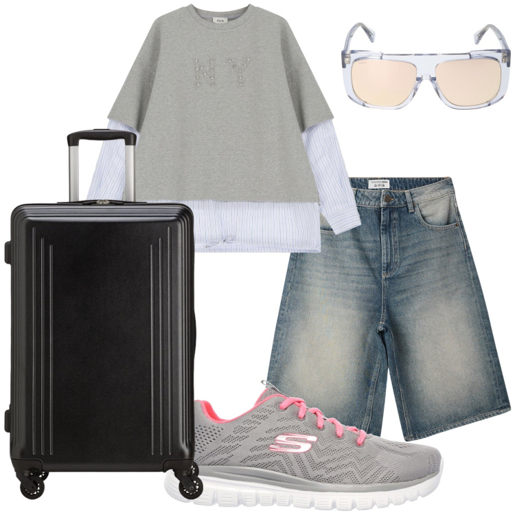 Outfit donna - Simply my journey. Stile Casual chic per Tutti i giorni. Abbinamento con bermuda, felpe, sneakers, occhiali da sole, valigie.