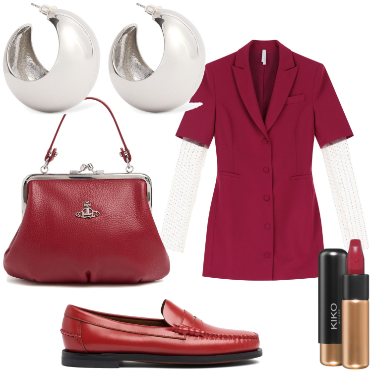 Outfit donna - Abito stagionale. Stile Urban per Ufficio. Abbinamento con rossetti, vestiti corti, borse a mano, orecchini, mocassini.