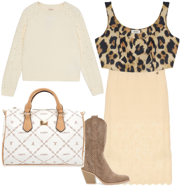 Outfit donna - Animalier di primavera. Stile Trendy per Tutti i giorni. Abbinamento con gonne, top, stivaletti, maglieria, borse a mano.