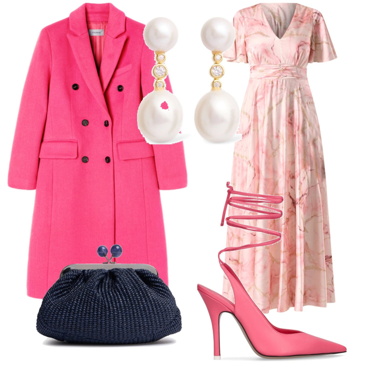 Outfit donna - Colorato matrimonio mattutino. Stile Glamour per Cerimonia. Abbinamento con vestiti lunghi, cappotti, décolleté, orecchini, pochette.