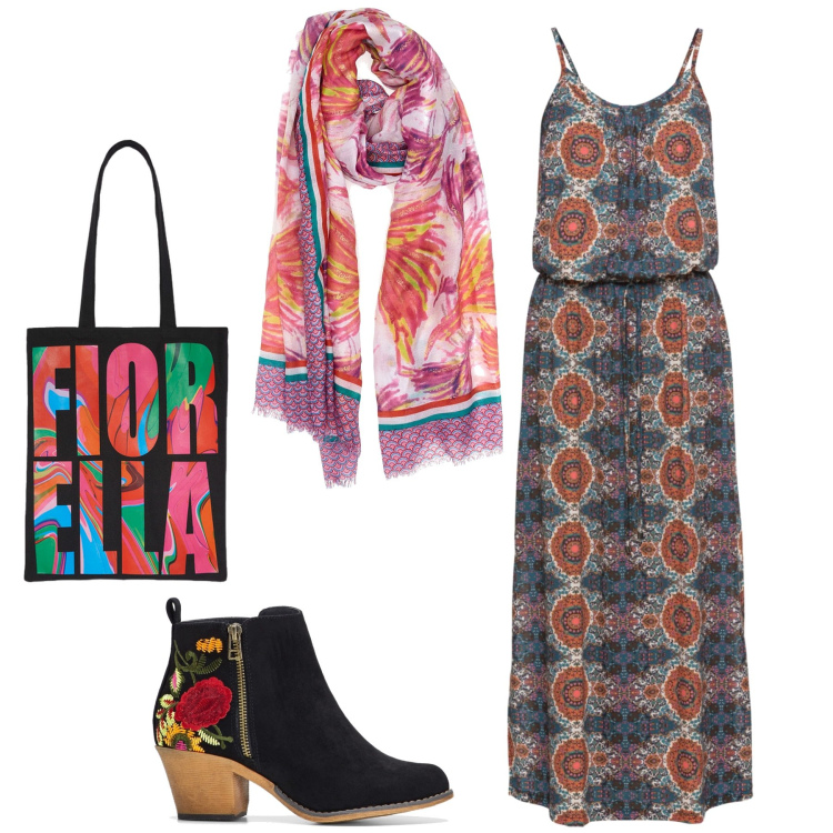 Outfit donna - Boho floreale. Stile Boho per Tutti i giorni. Abbinamento con vestiti lunghi, stivaletti, sciarpe, borse tote.