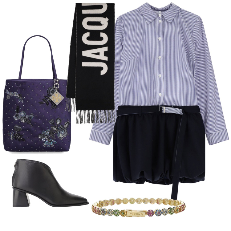 Outfit donna - Abito originale. Stile Urban per Ufficio. Abbinamento con braccialetti, vestiti corti, stivaletti, borse a mano, sciarpe.