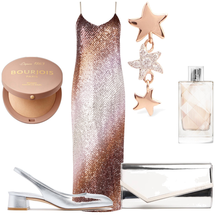 Outfit donna - Seratissima. Stile Glamour per Serata fuori. Abbinamento con profumi, terre, vestiti lunghi, orecchini, décolleté, pochette.