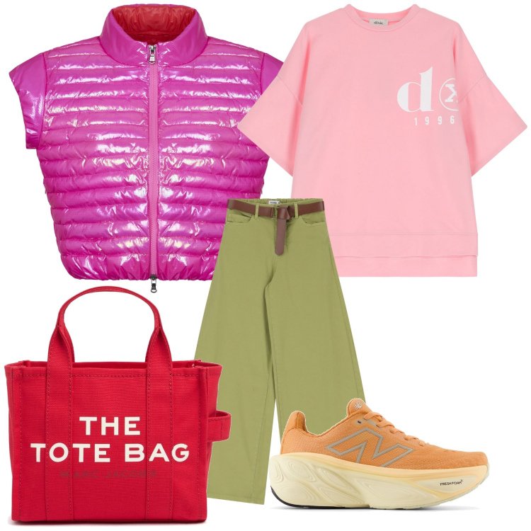 Outfit donna - Coloratissimo. Stile Trendy per Tutti i giorni. Abbinamento con sneakers, pantaloni, t-shirt, blazer, shopping bag.