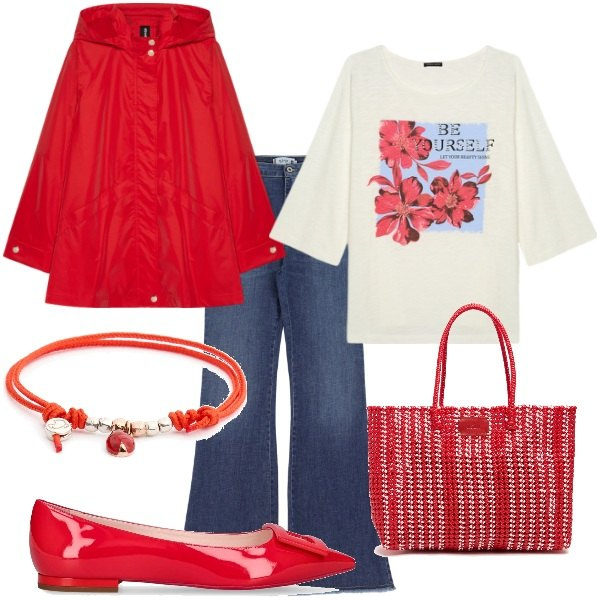 Outfit donna - Aspettando la primavera. Stile Trendy per Tutti i giorni. Abbinamento con jeans, t-shirt, parka, ballerine, braccialetti, shopping bag.