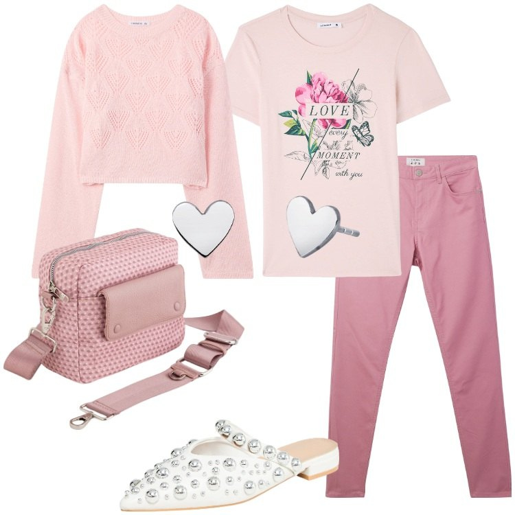 Outfit donna - Rosa Pastello Leggero sognante versatile. Stile Basic per Tutti i giorni. Abbinamento con maglieria, pantaloni, t-shirt, ballerine, orecchini, borse a tracolla.