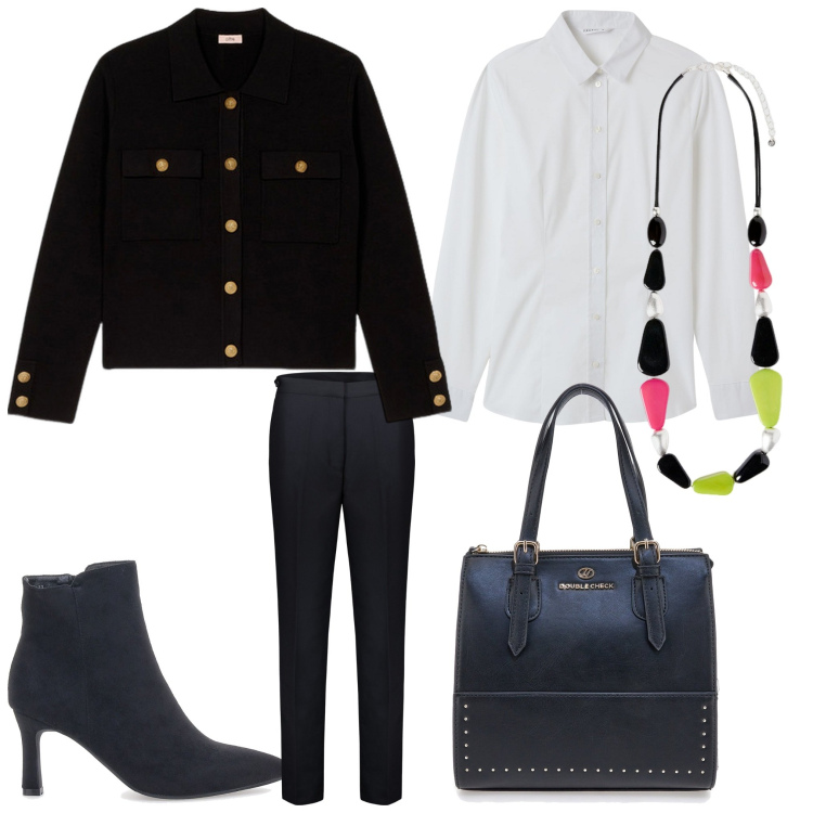 Outfit donna - Un tocco di colore. Stile Casual chic per Ufficio. Abbinamento con camicie, stivaletti, borse a mano, pantaloni, blazer, collane.