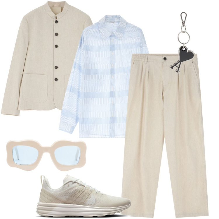 Outfit uomo - Eleganza rilassata. Stile Business/Elegante per Ufficio. Abbinamento con camicie, pantaloni, giacche, occhiali da sole, portachiavi, sneakers.