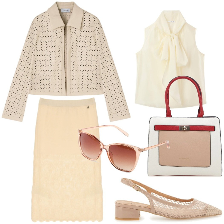 Outfit donna - Una giornata da ricordare. Stile Bon Ton per Cerimonia. Abbinamento con occhiali da sole, bluse, gonne, décolleté, borse a spalla, blazer.