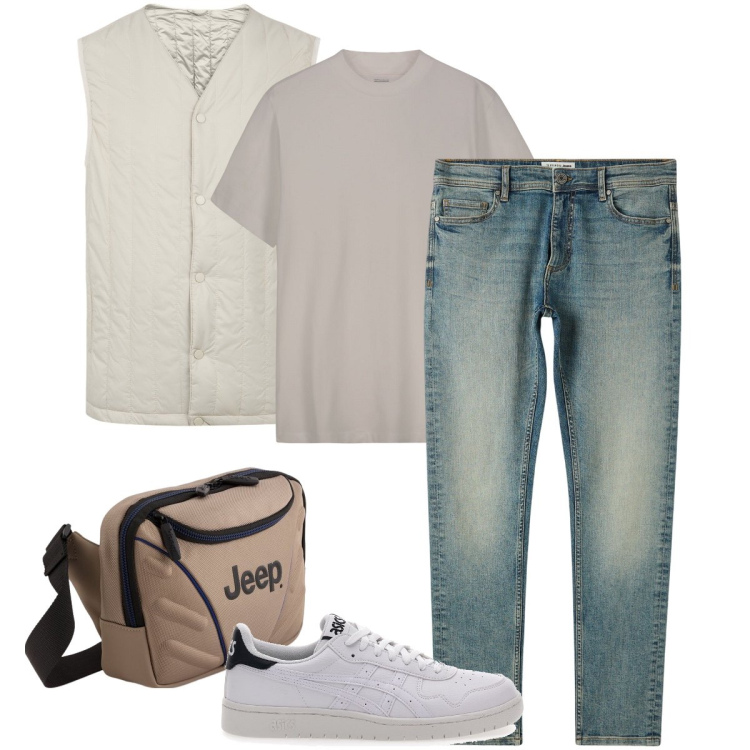 Outfit uomo - Il piumino primaverile. Stile Casual per Tutti i giorni. Abbinamento con jeans skinny, sneakers, piumini, t-shirt, borse sportive.
