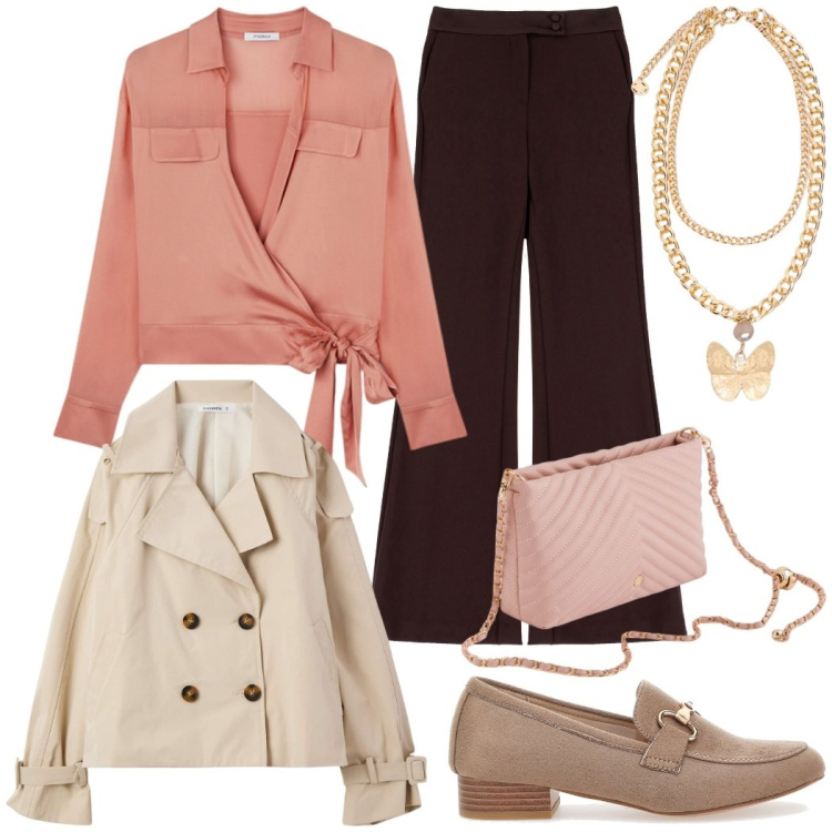 Outfit donna - Rosa antico per la blusa elegante. Stile Chic per Serata fuori. Abbinamento con trench, pantaloni, mocassini, camicie, collane, borse a tracolla.