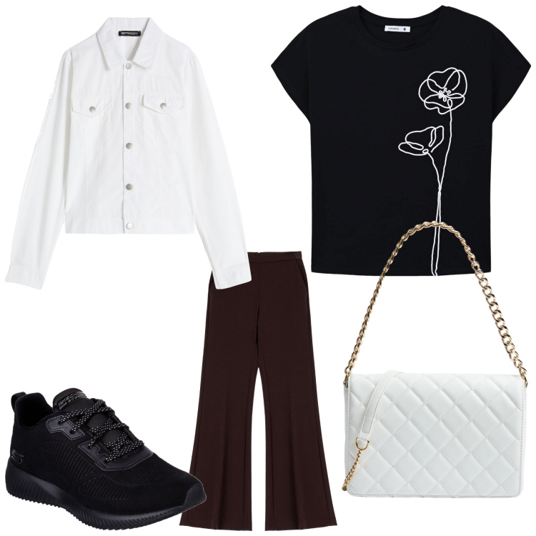 Outfit donna - Come un fiore. Stile Casual per Tutti i giorni. Abbinamento con pantaloni, blazer, sneakers, t-shirt, borse a tracolla.