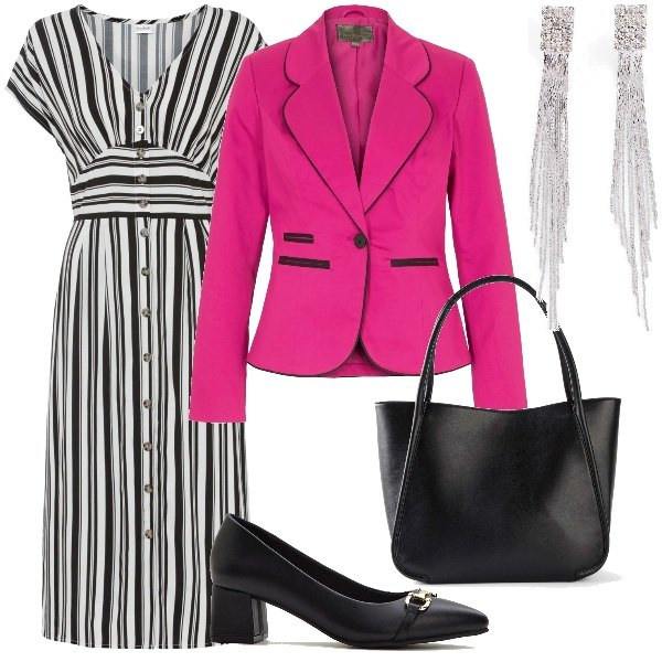 Outfit donna - Primavera con bonprix. Stile Casual chic per Ufficio. Abbinamento con vestiti, shopping bag, orecchini, blazer, décolleté.