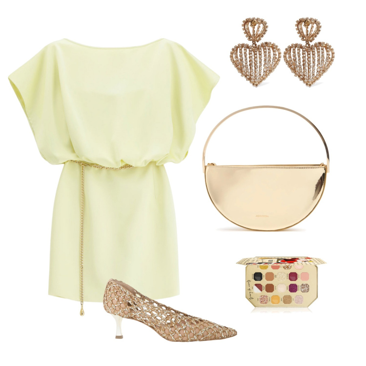 Outfit donna - Mini dress giallo. Stile Glamour per Cerimonia. look ideale per Petite. Abbinamento con ombretti, vestiti corti, décolleté, orecchini, pochette.