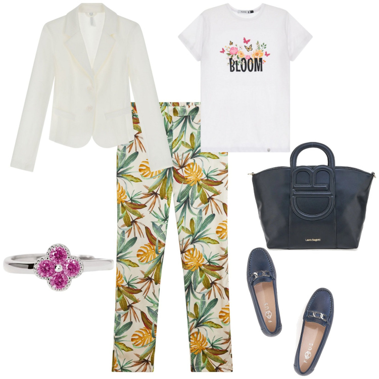 Outfit donna - un fiore per gioiello. per Scuola/Università. Abbinamento con anelli, t-shirt, blazer, pantaloni, mocassini, borse a tracolla.